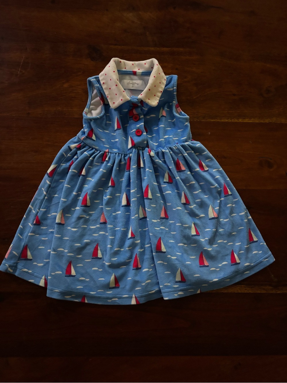 SweetHoney Light Blue Sailboat Print Dress with White Polka Dot Collar
